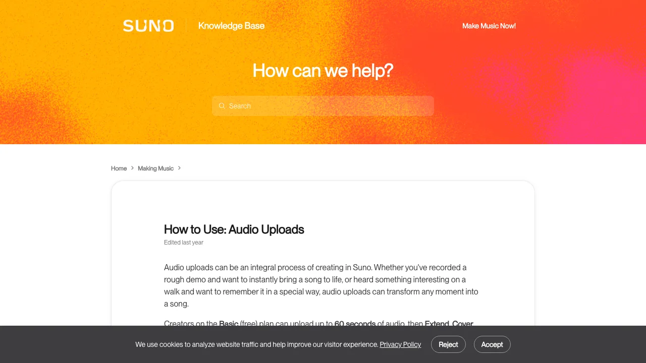 Suno help centre article How to Use: Audio Uploads, stating that Basic free plan creators can upload up to 60 seconds of audio