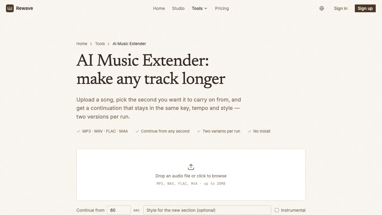 이어갈 시작 시점 입력란, 선택 가능한 스타일 입력창, 연주곡 전환 스위치가 있는 Rewave AI Music Extender 업로드 화면