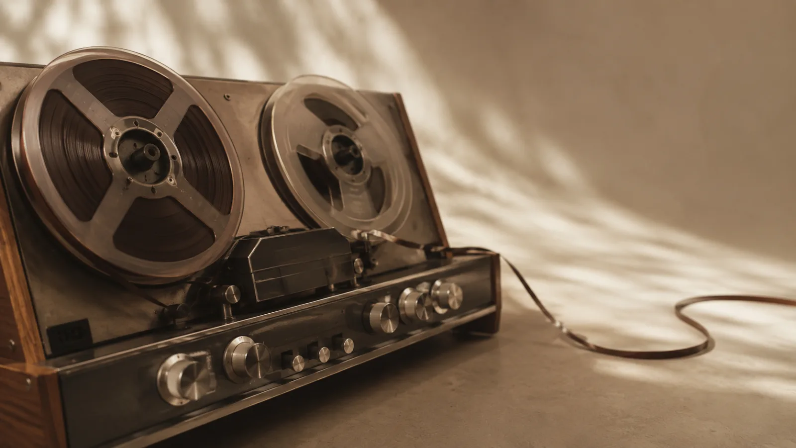 A reel-to-reel tape machine with tape running off the take-up reel into open space, the spool still far from full