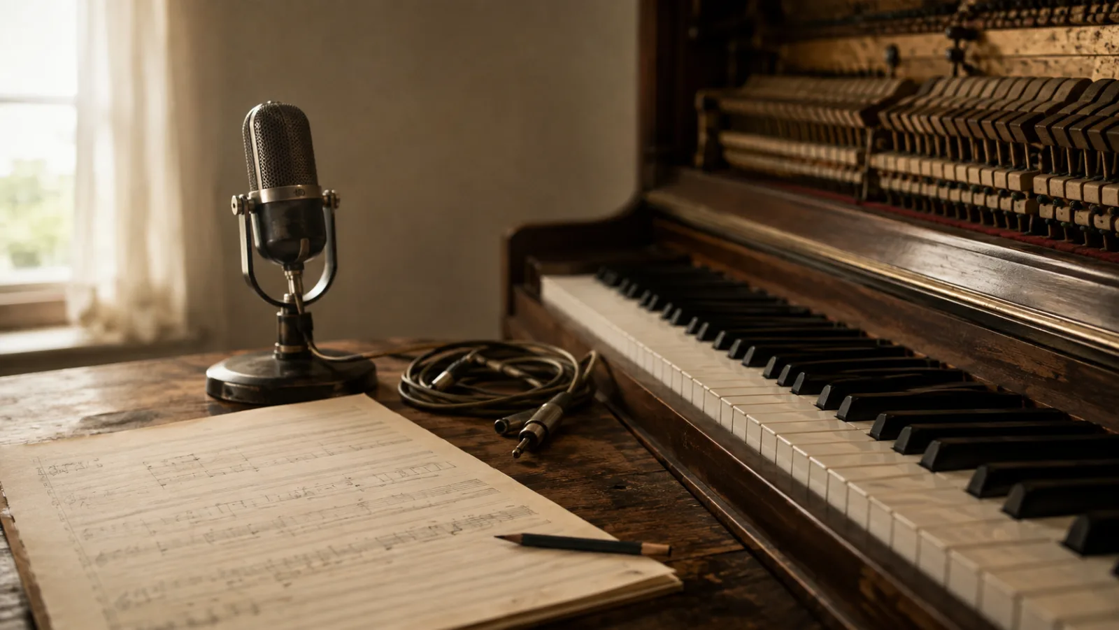 An upright piano beside a sheet of hand-ruled manuscript paper and a vintage ribbon microphone — audio on one side, written notes on the other