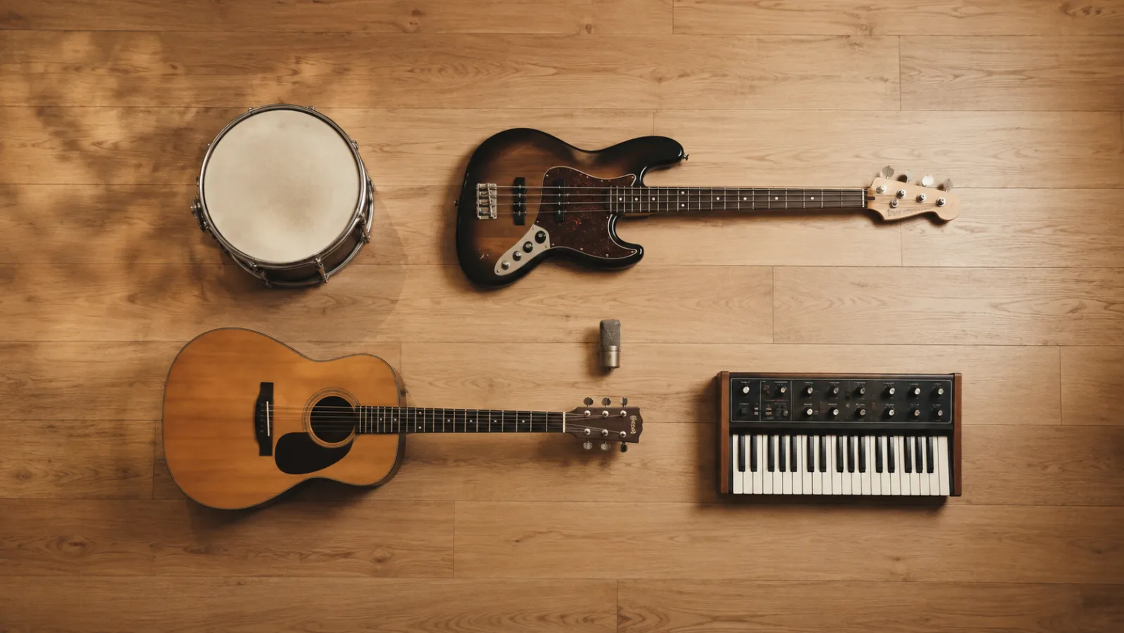 A snare drum, bass, acoustic guitar, microphone and synthesizer laid out apart from each other on a bare wooden floor
